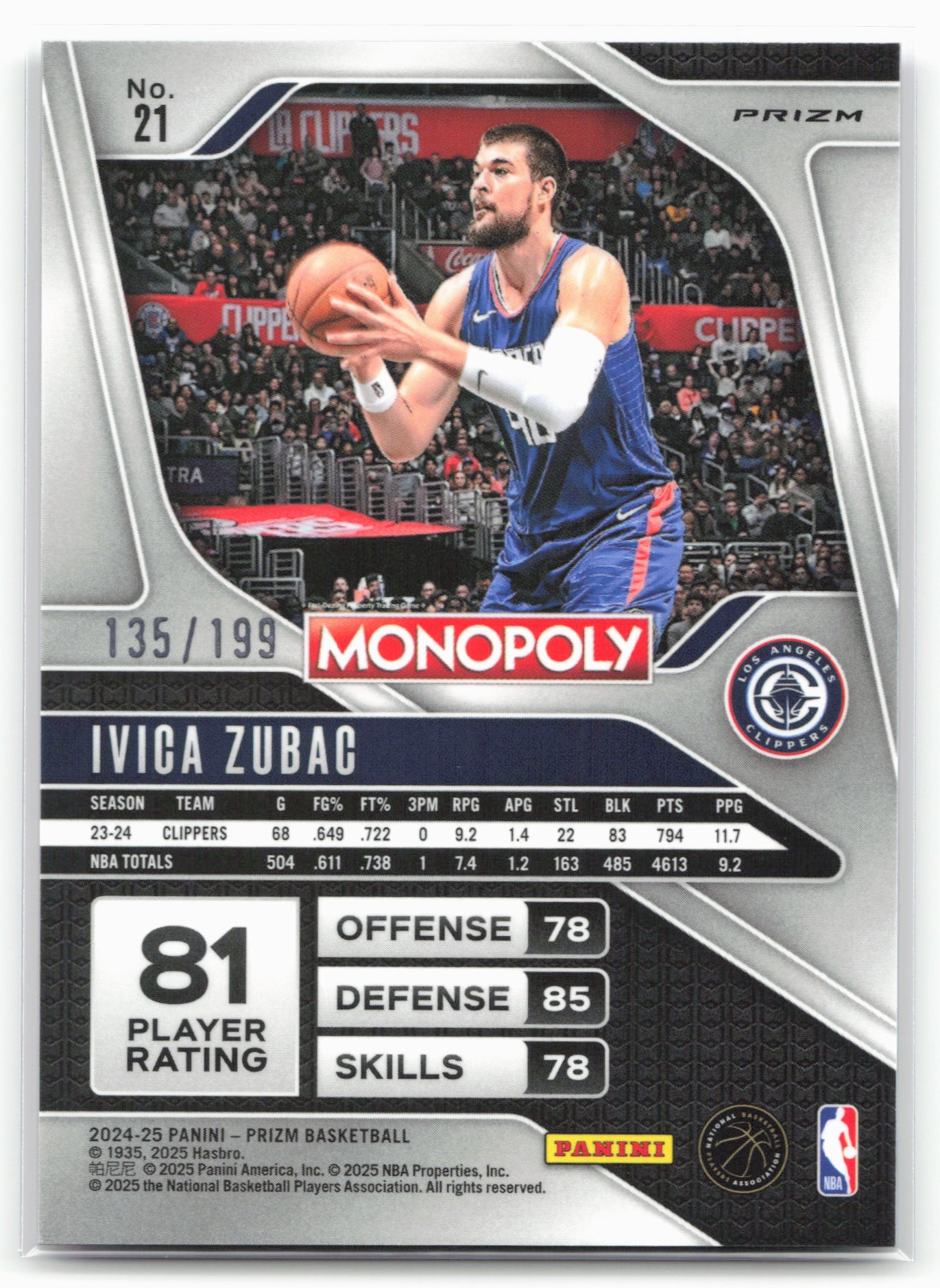 2024-25 Panini Prizm Monopoly #21 Ivica Zubac Pink Prizms #/199