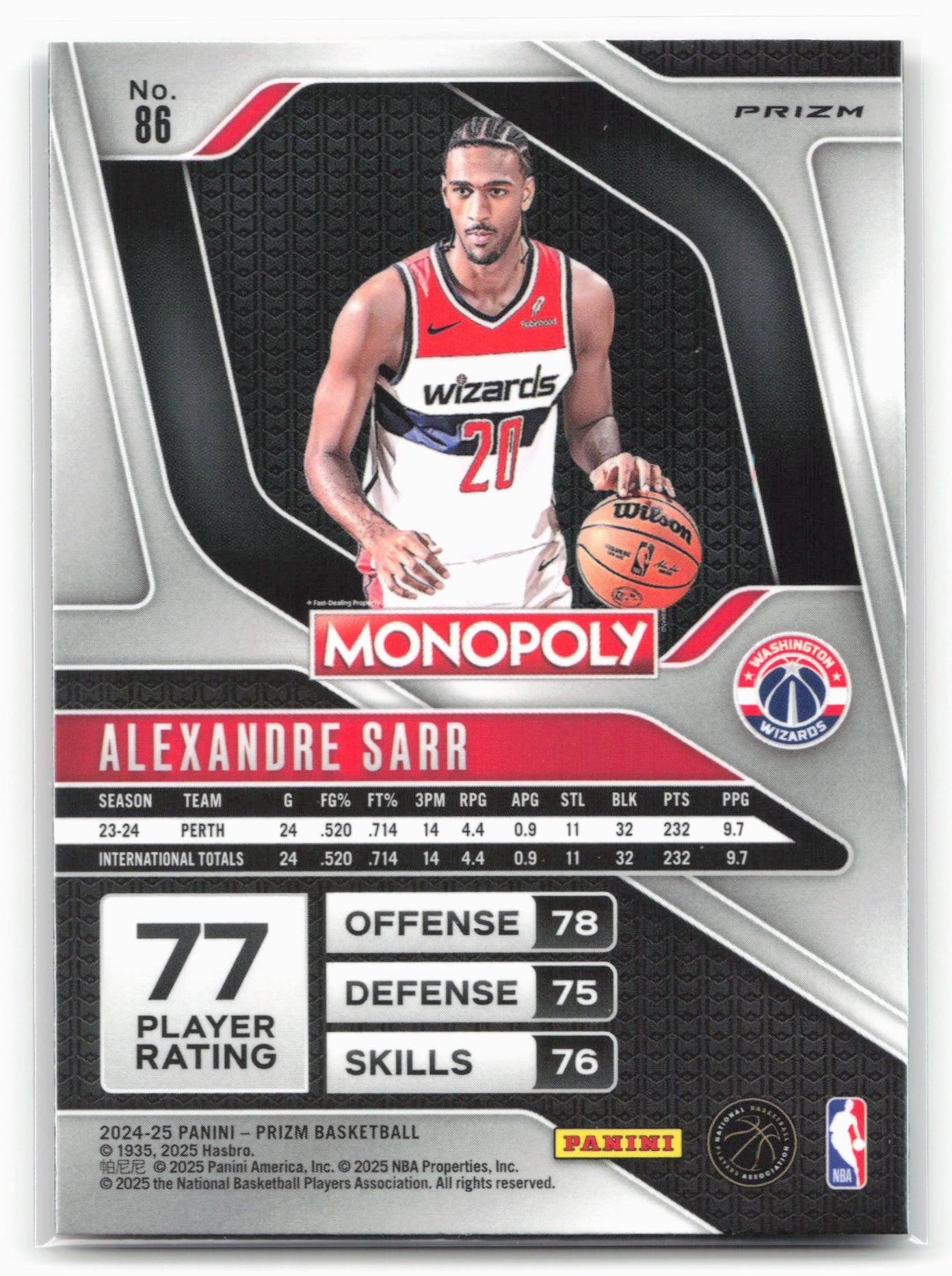 2024-25 Panini Prizm Monopoly #86 Alexandre Sarr Red Prizms