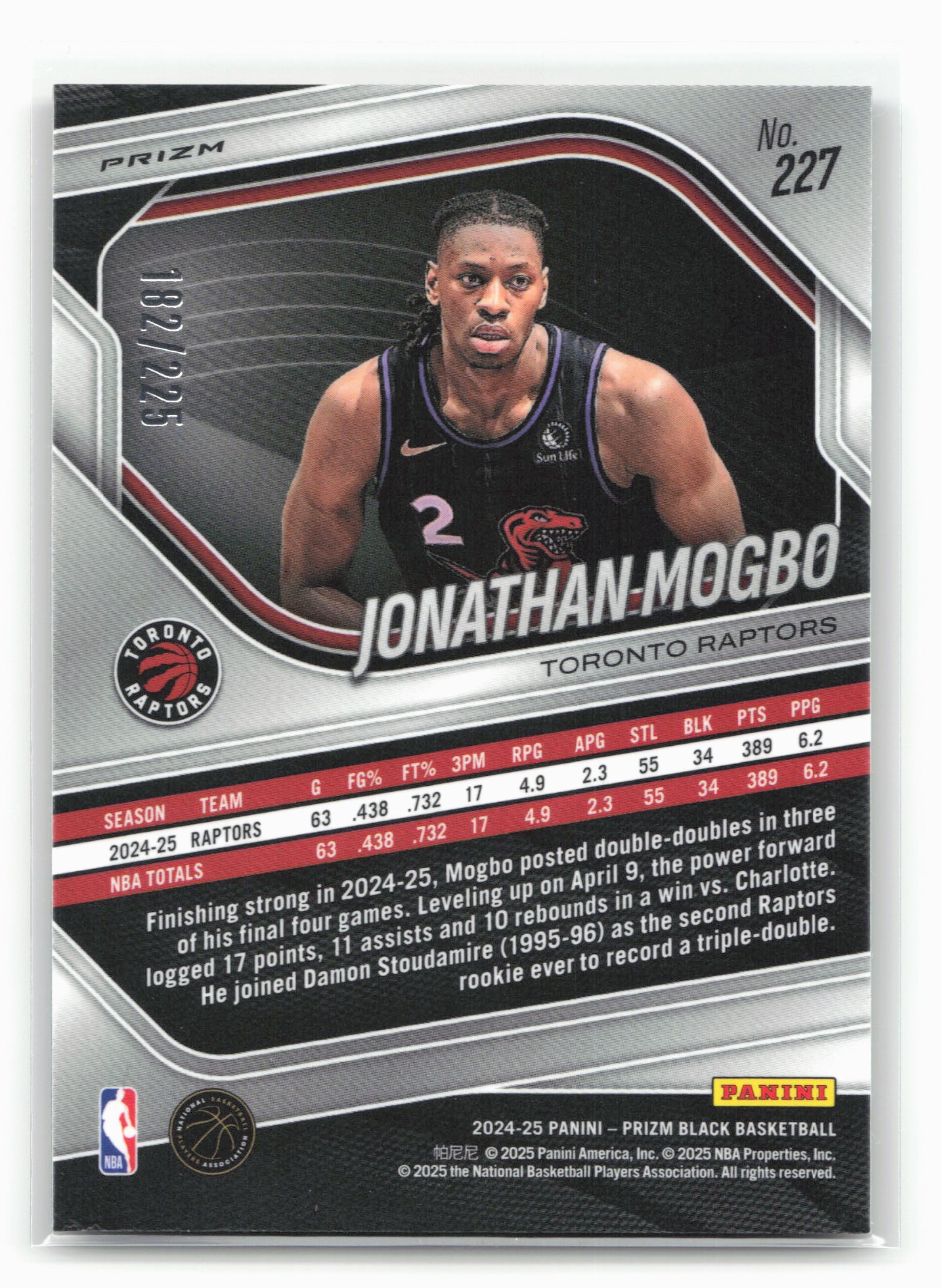 2024-25 Panini Prizm Black #227 Jonathan Mogbo Basketball #/225