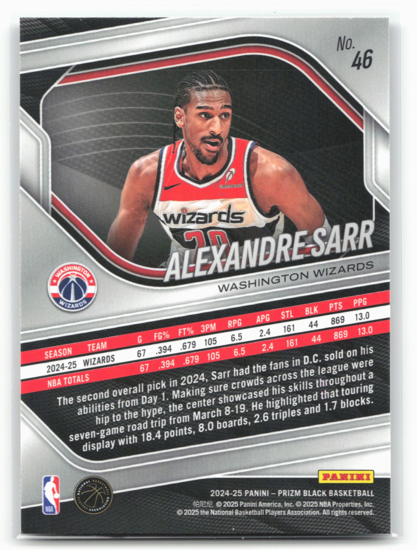 2024-25 Panini Prizm Black #46 Alexandre Sarr