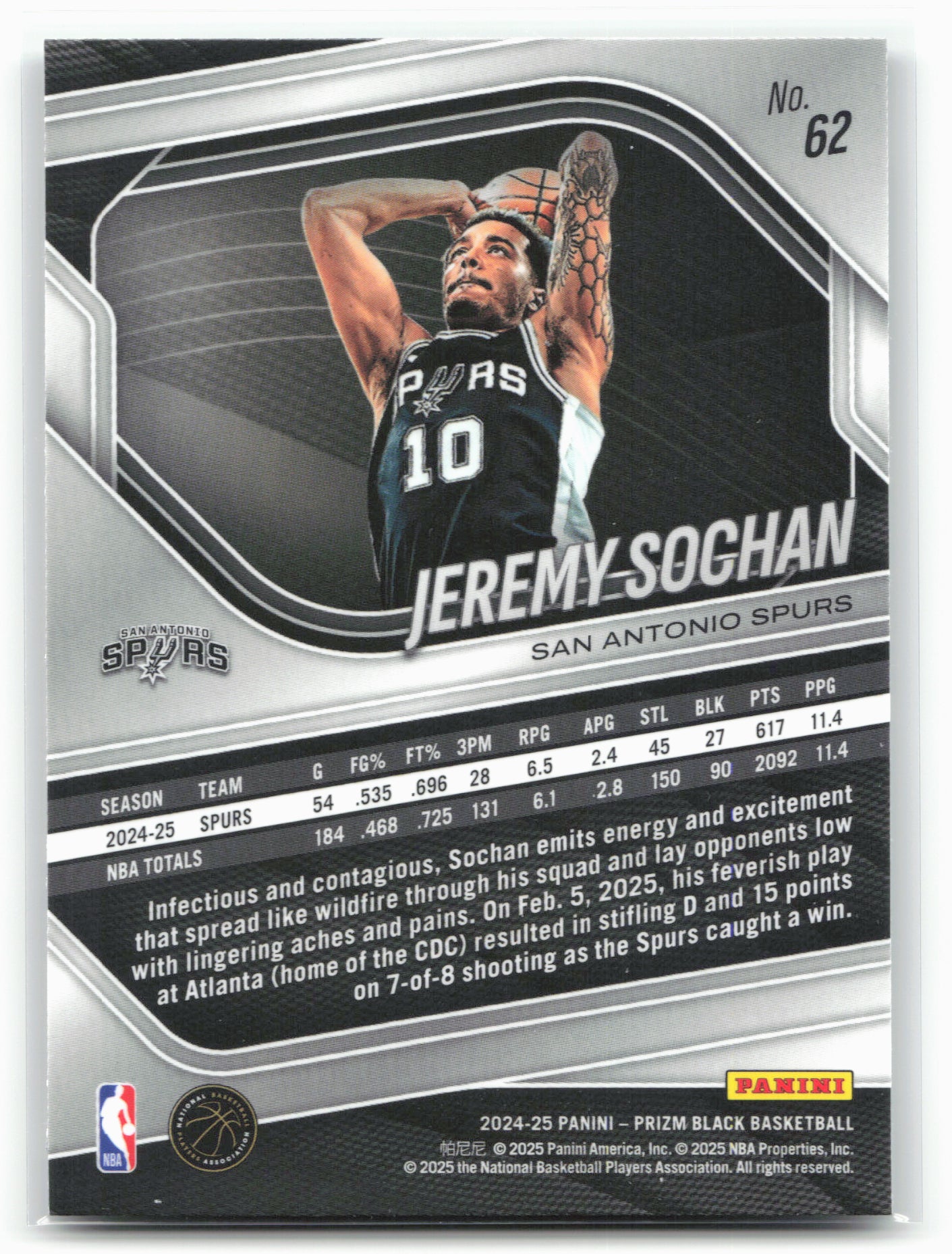 2024-25 Panini Prizm Black #62 Jeremy Sochan