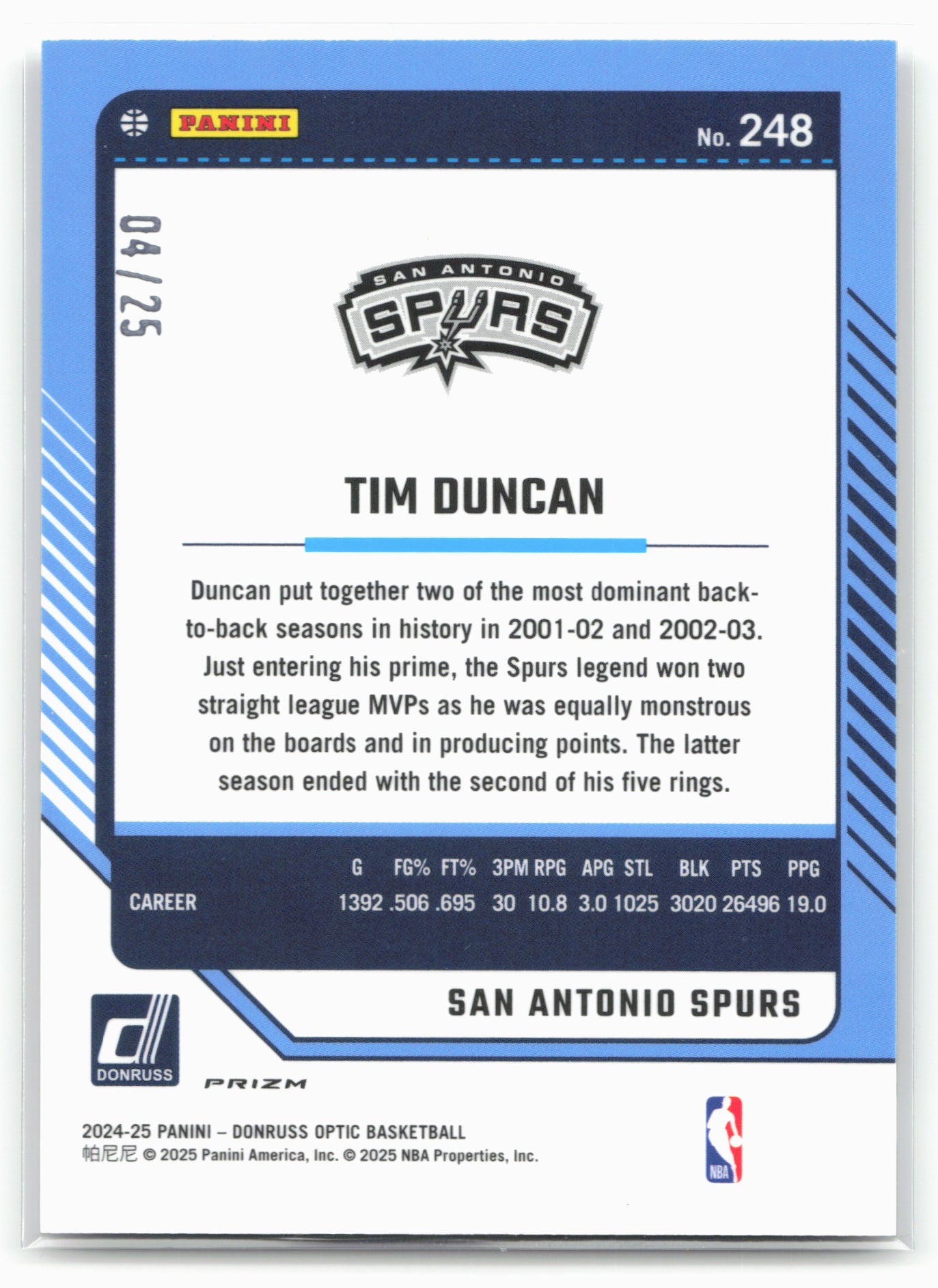 2024-25 Donruss Optic #248 Tim Duncan Cracked Ice #/25