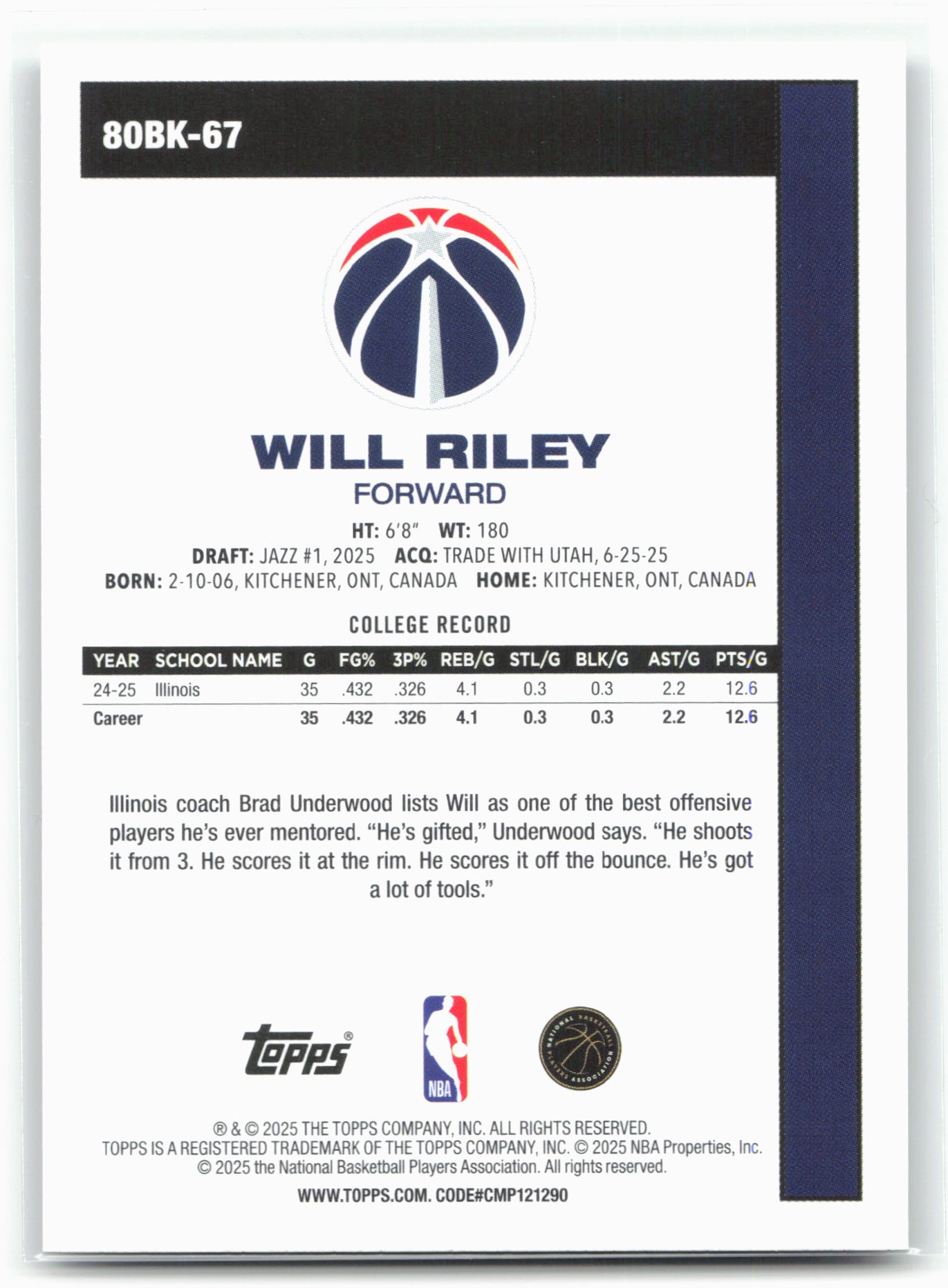 2025-26 Topps #80BK-67 Will Riley 1980-81 Topps Basketball