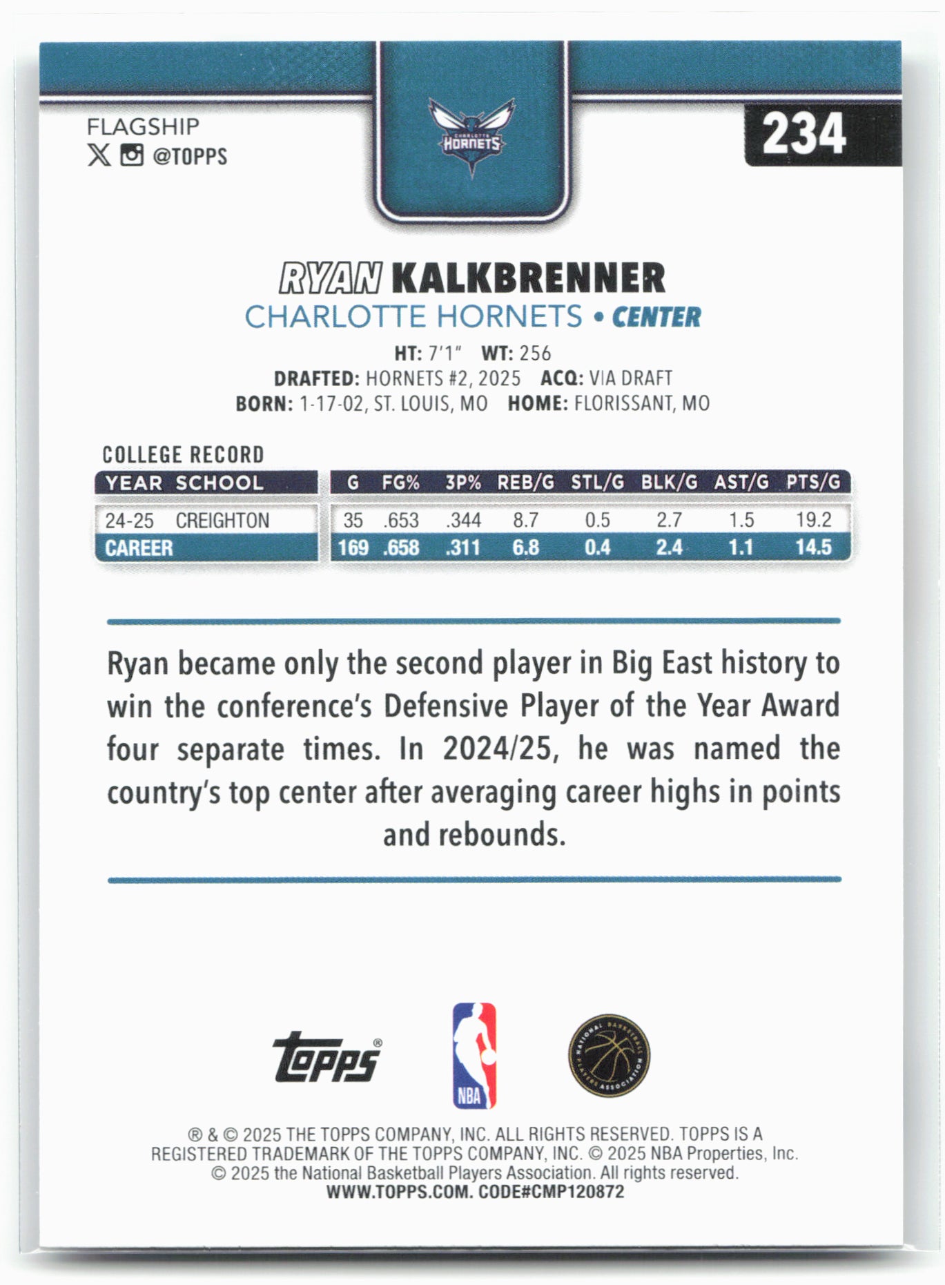 2025-26 Topps #234 Ryan Kalkbrenner 23413