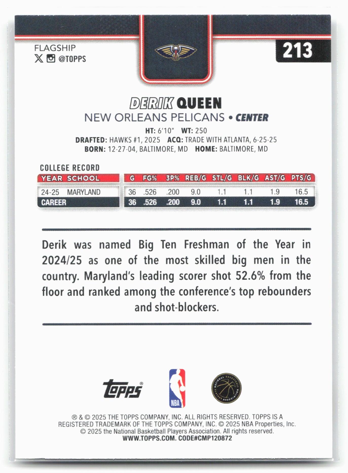 2025-26 Topps #213 Derik Queen 23414