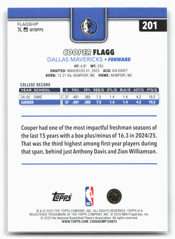2025-26 Topps #201 Cooper Flagg 23415