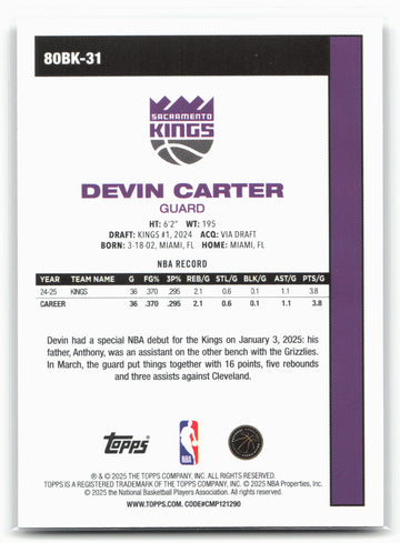 2025-26 Topps #80BK-31 Devin Carter 1980-81 Topps Basketball