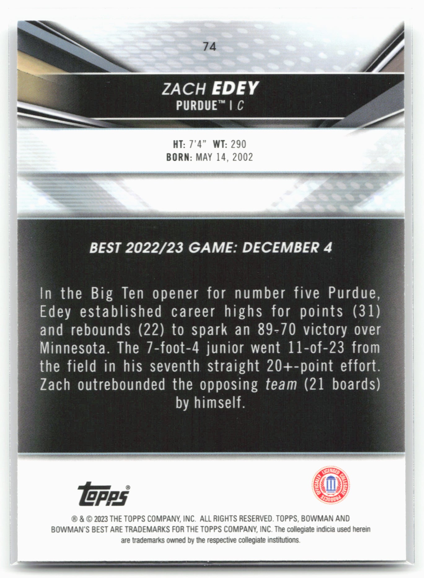2022-23 Bowman University Best #74 Zach Edey