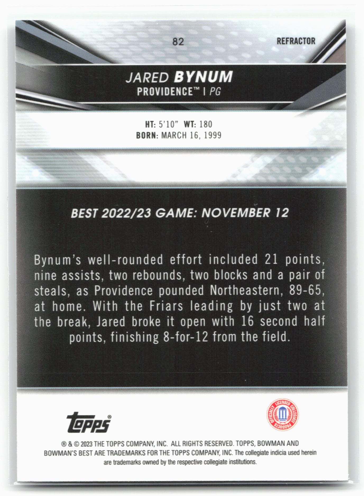 2022-23 Bowman University Best #82 Jared Bynum Refractors