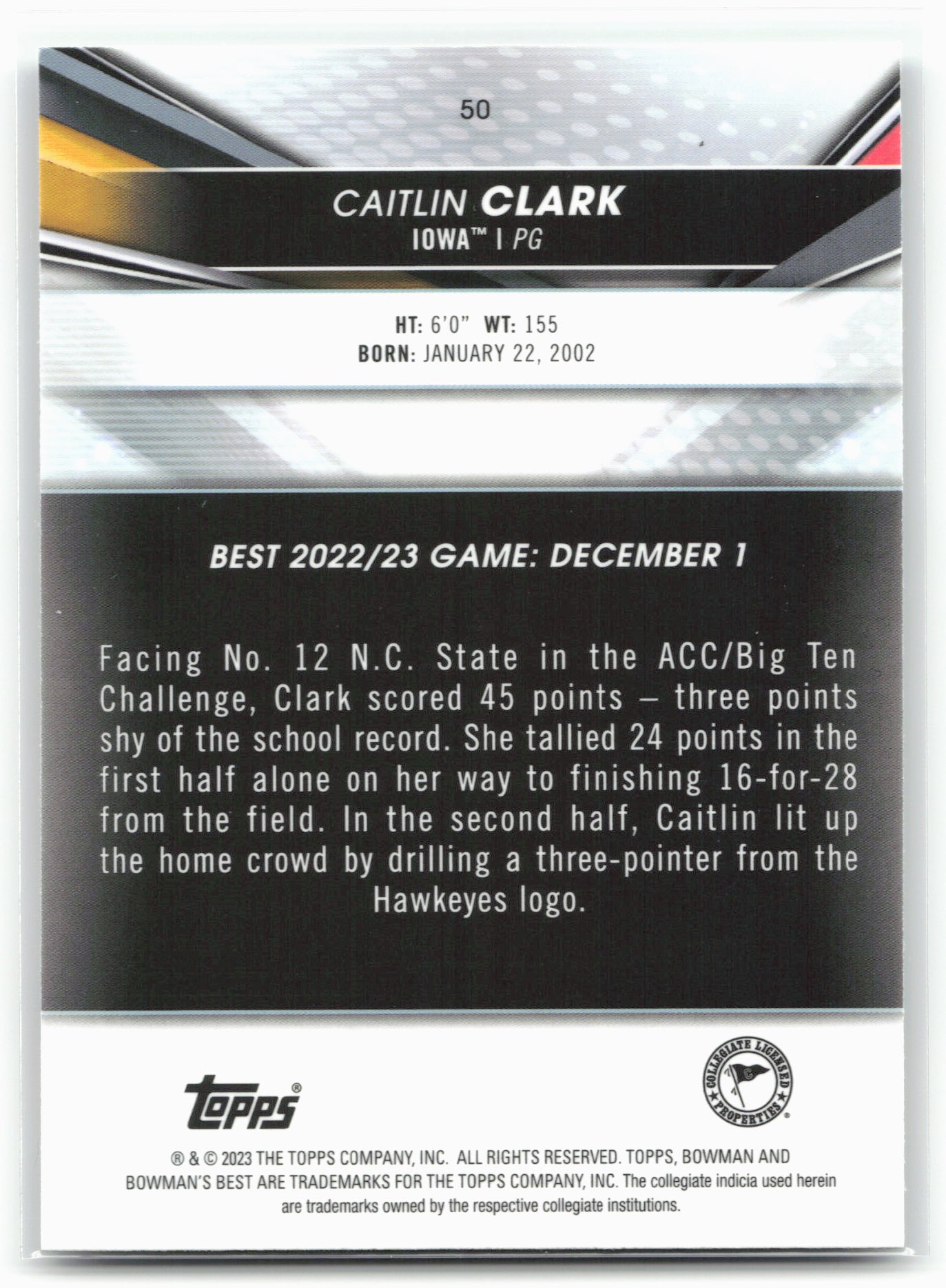 2022-23 Bowman University Best #50 Caitlin Clark