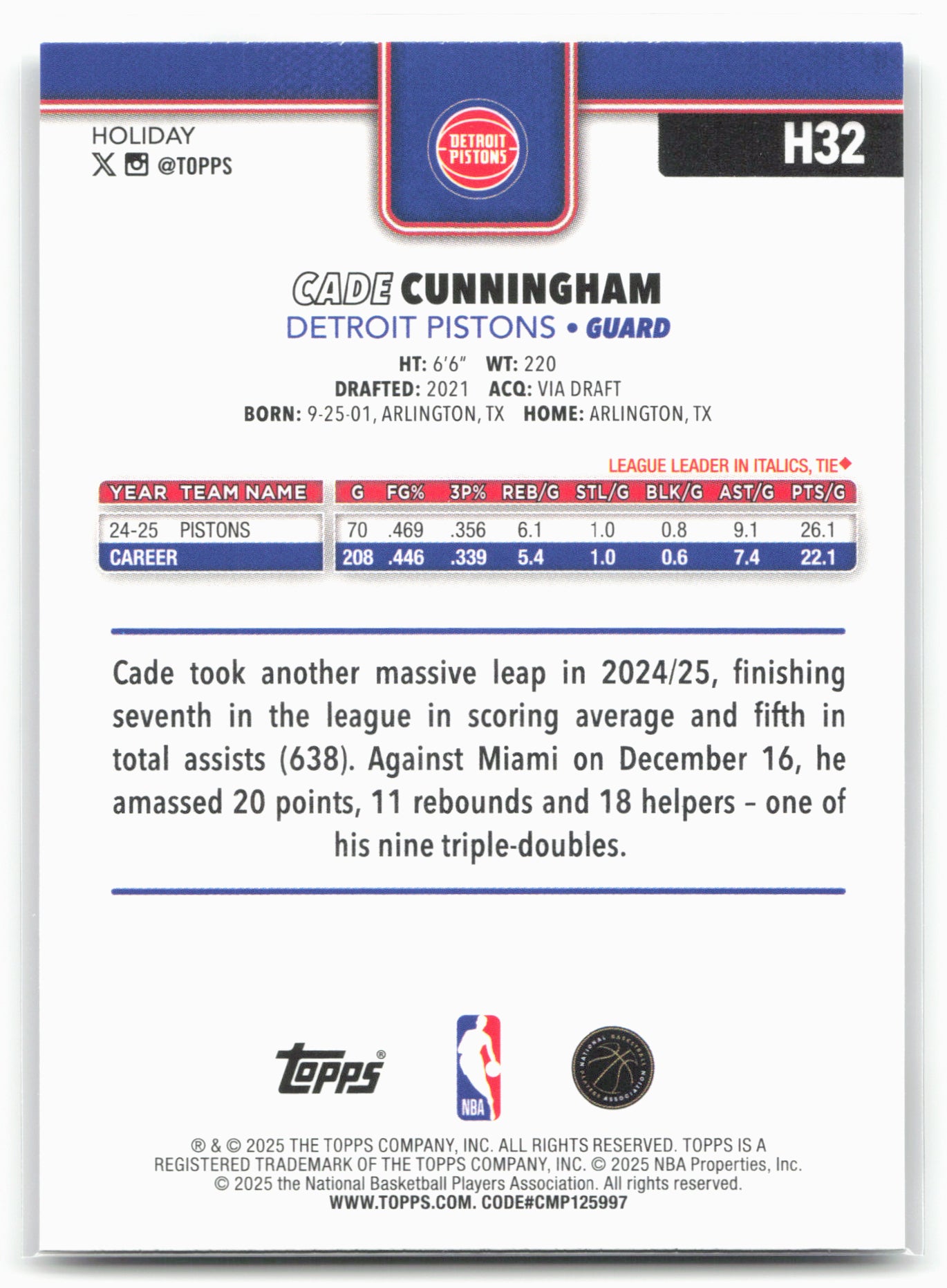 2025-26 Topps Holiday #H32 Cade Cunningham