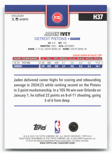 2025-26 Topps Holiday #H37 Jaden Ivey