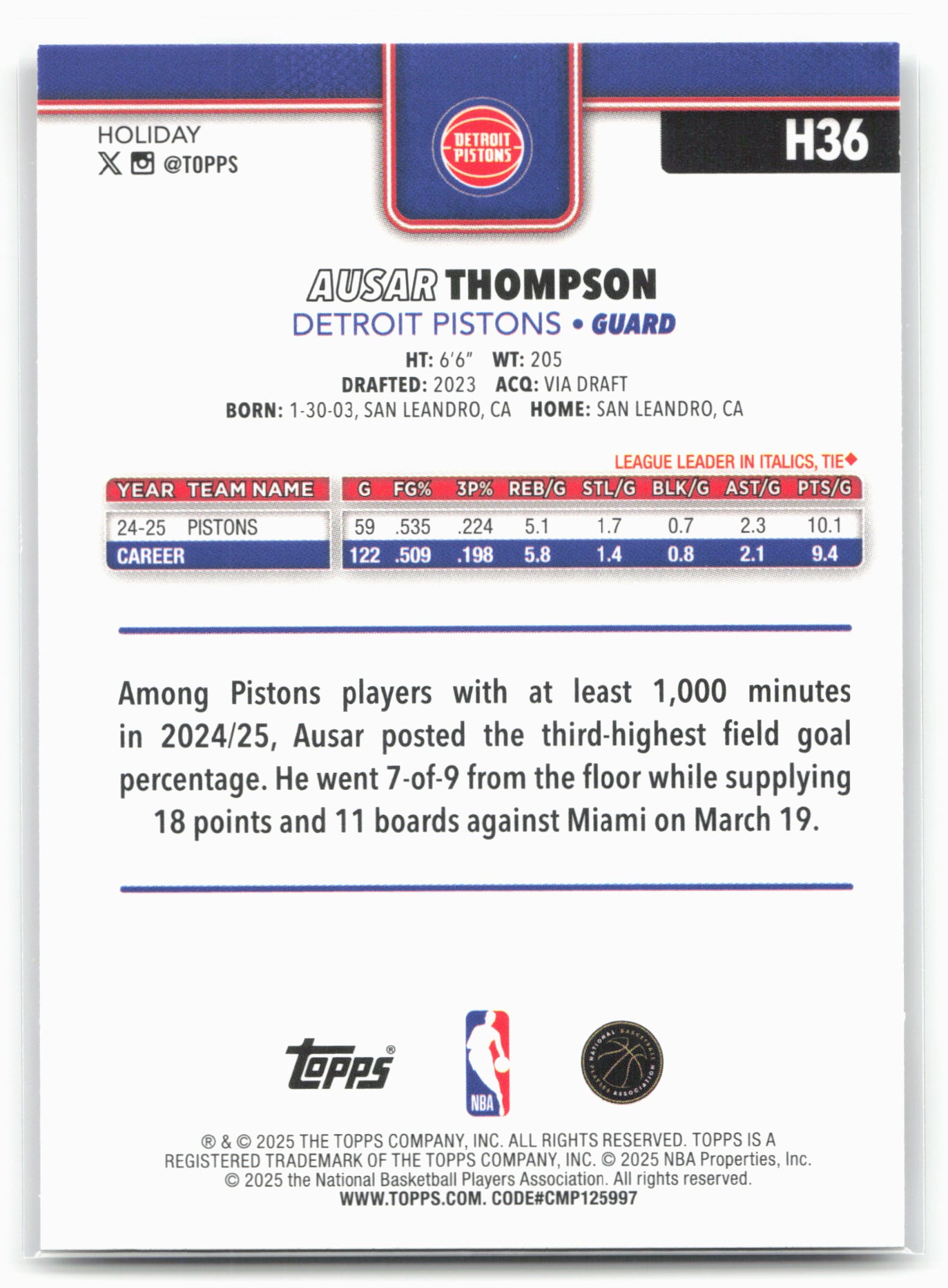 2025-26 Topps Holiday #H36 Ausar Thompson