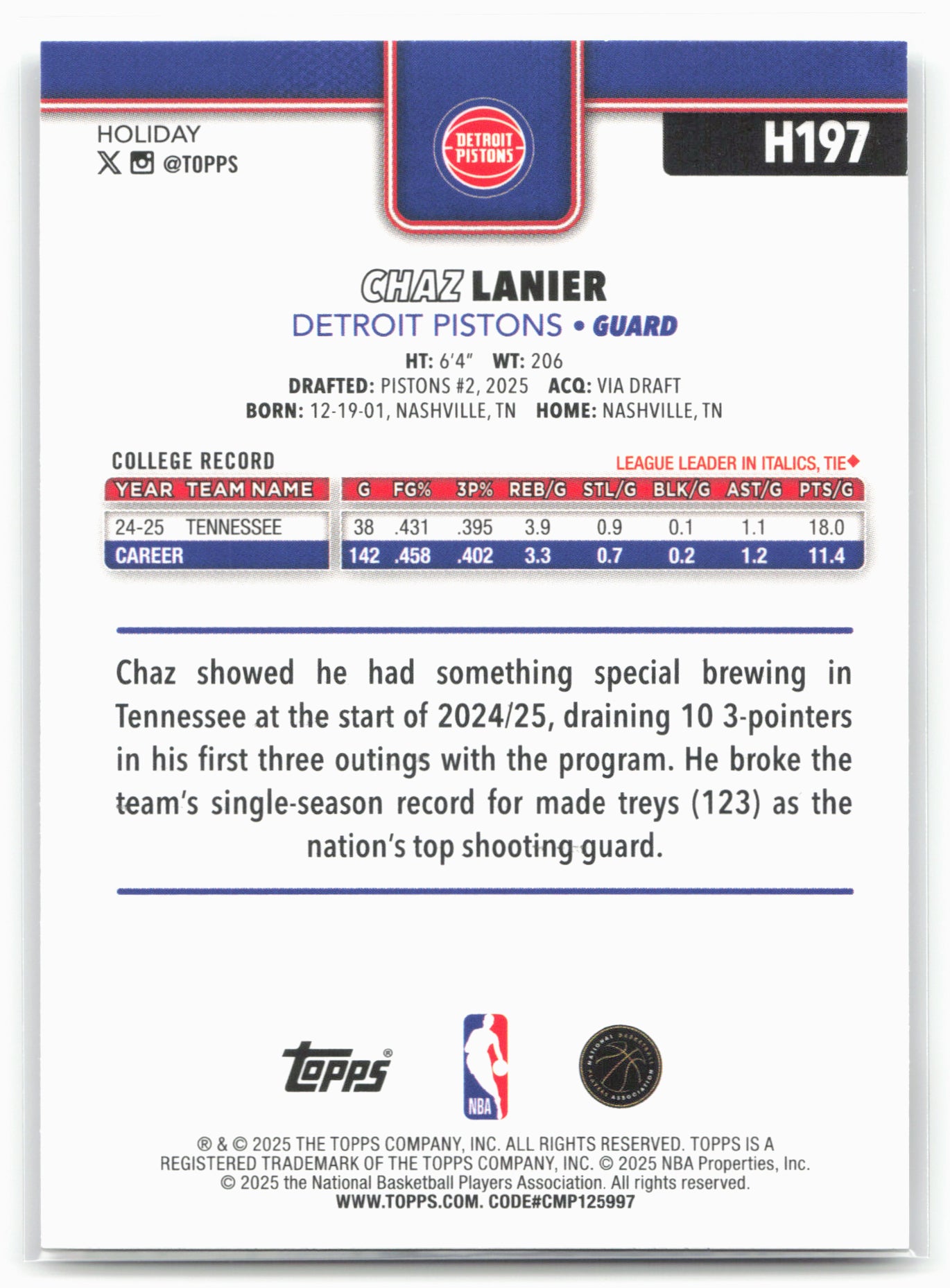 2025-26 Topps Holiday #H197 Chaz Lanier