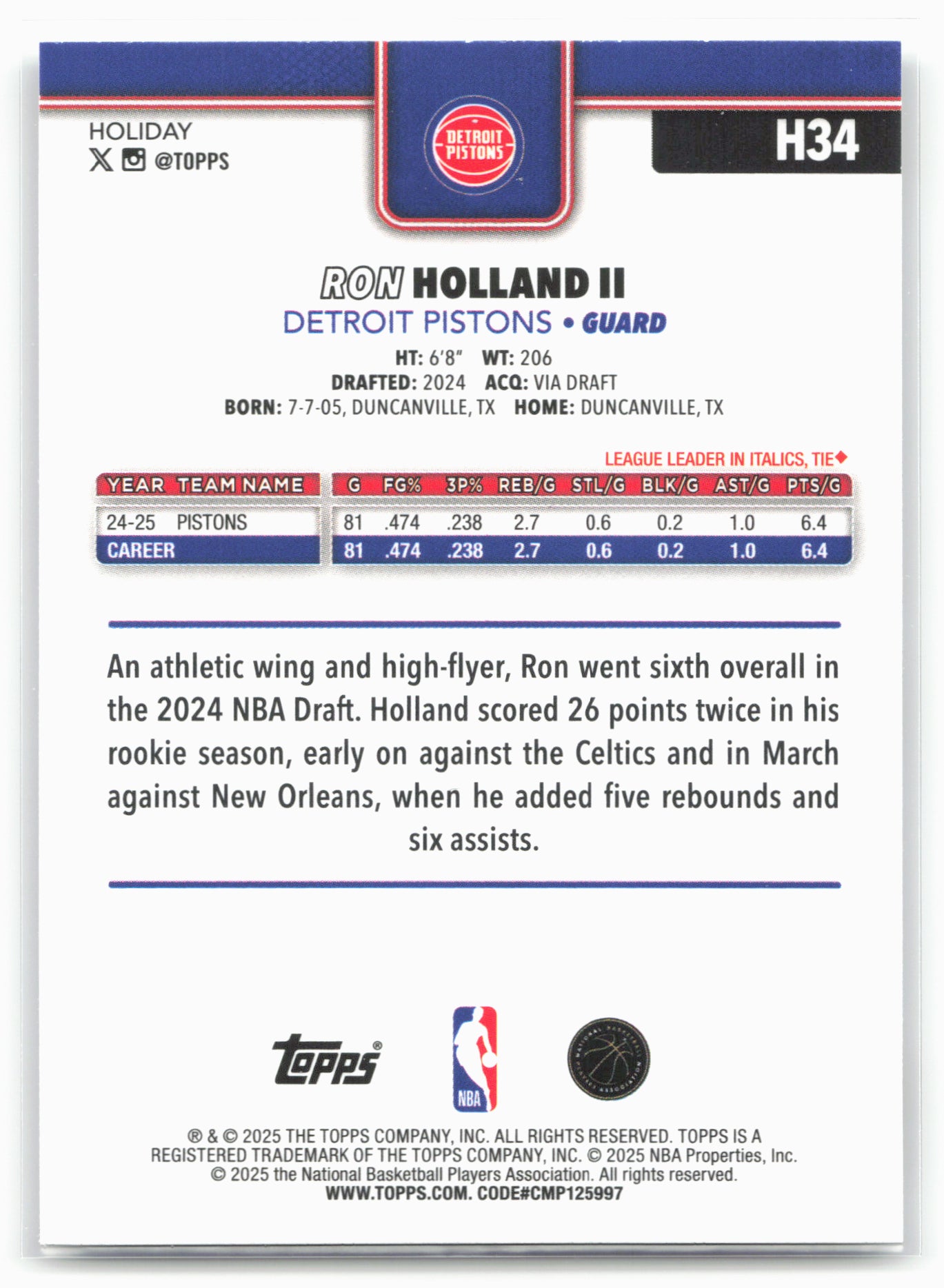 2025-26 Topps Holiday #H34 Ron Holland II
