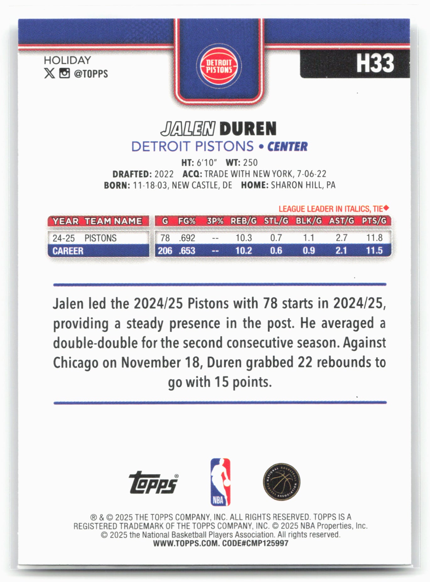 2025-26 Topps Holiday #H33 Jalen Duren