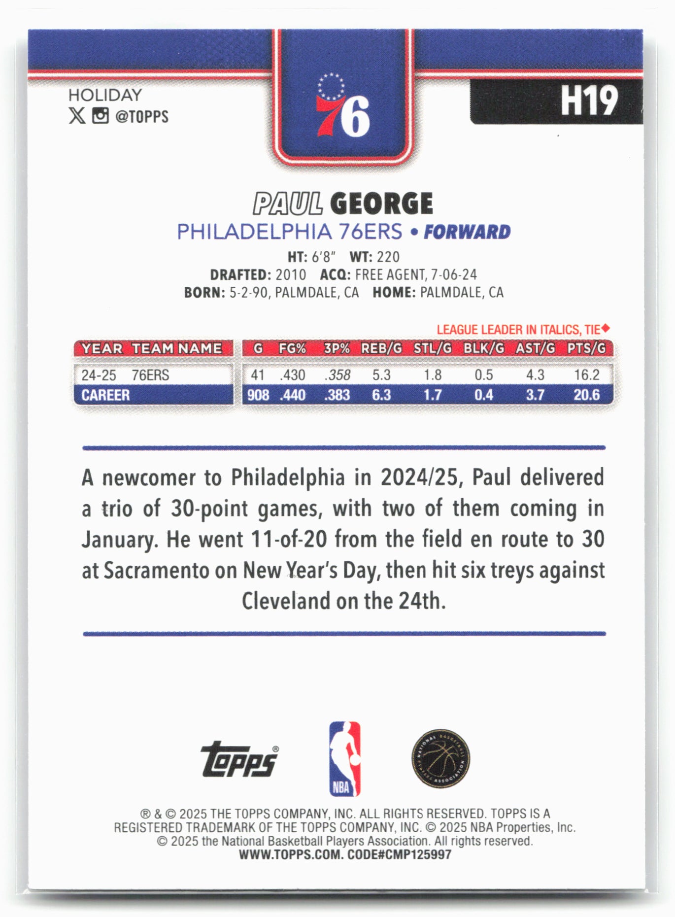 2025-26 Topps Holiday #H19 Paul George