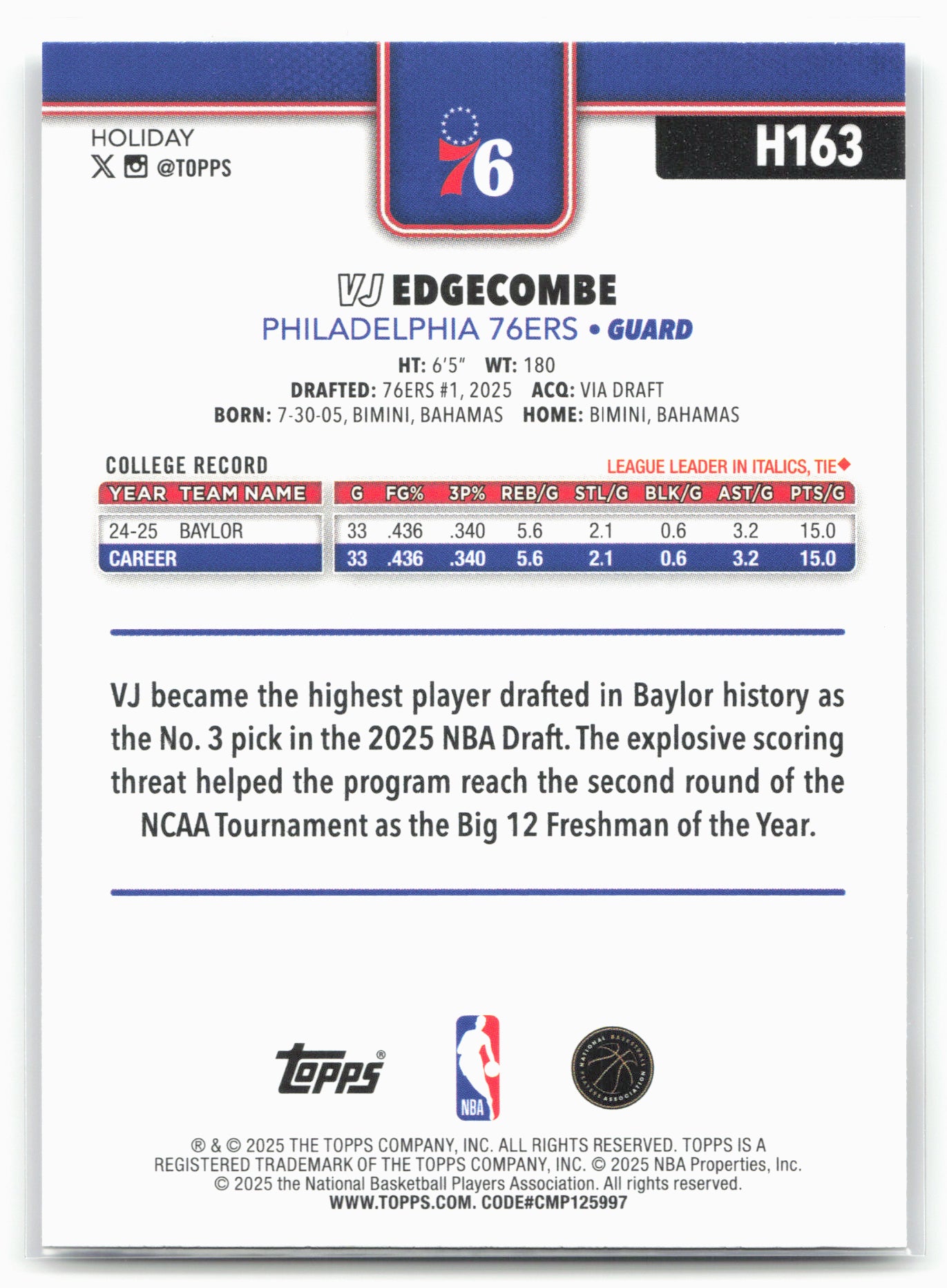 2025-26 Topps Holiday #H163 VJ Edgecombe