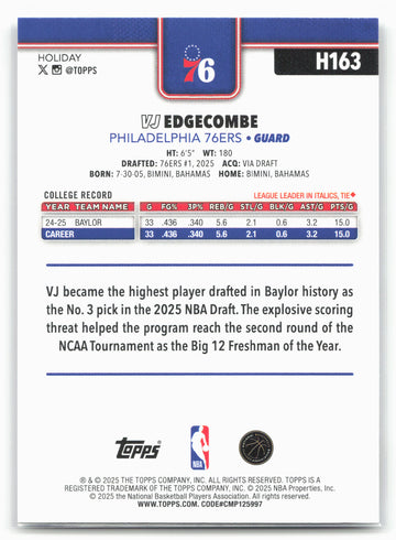 2025-26 Topps Holiday #H163 VJ Edgecombe