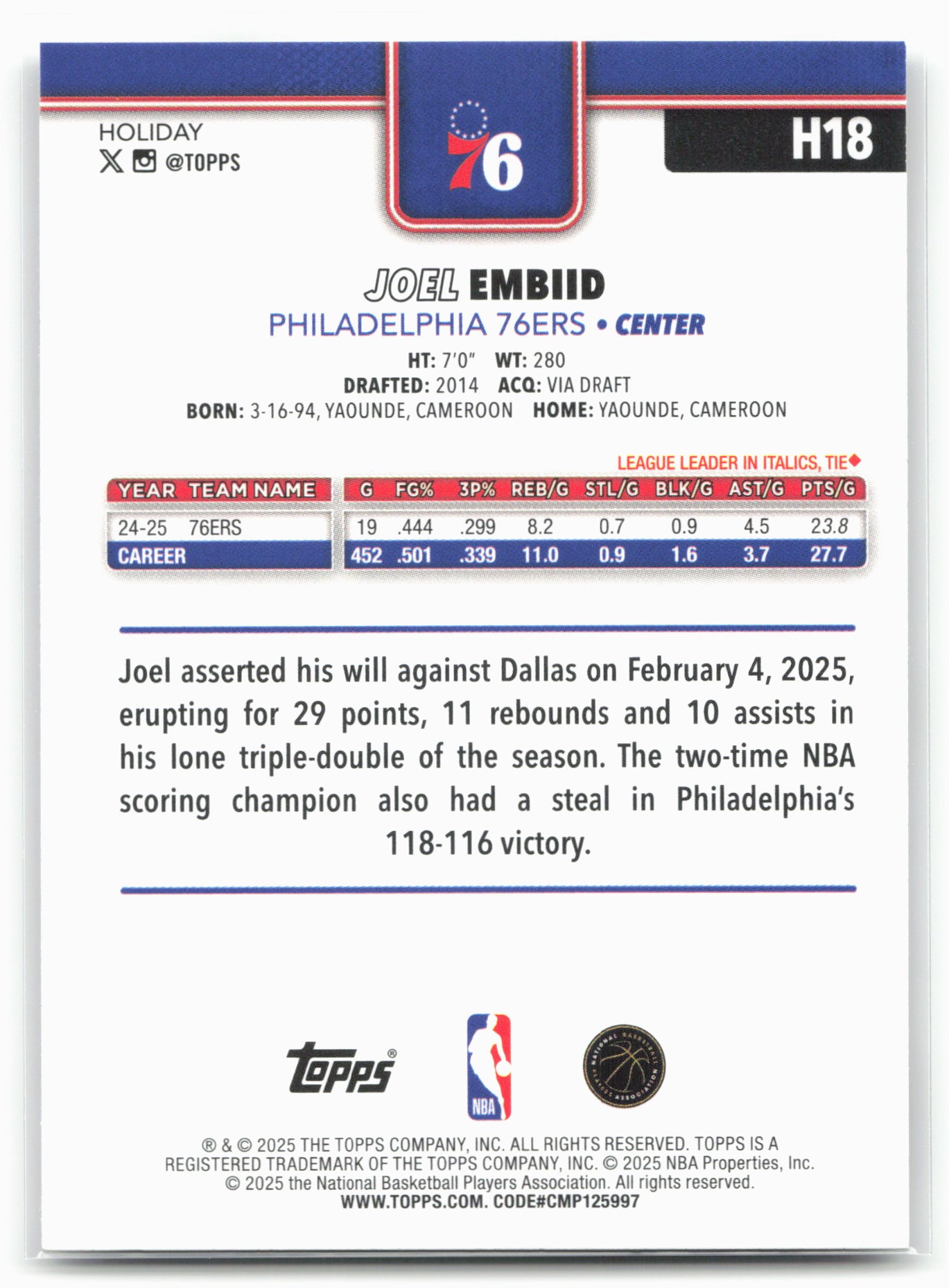 2025-26 Topps Holiday #H18 Joel Embiid