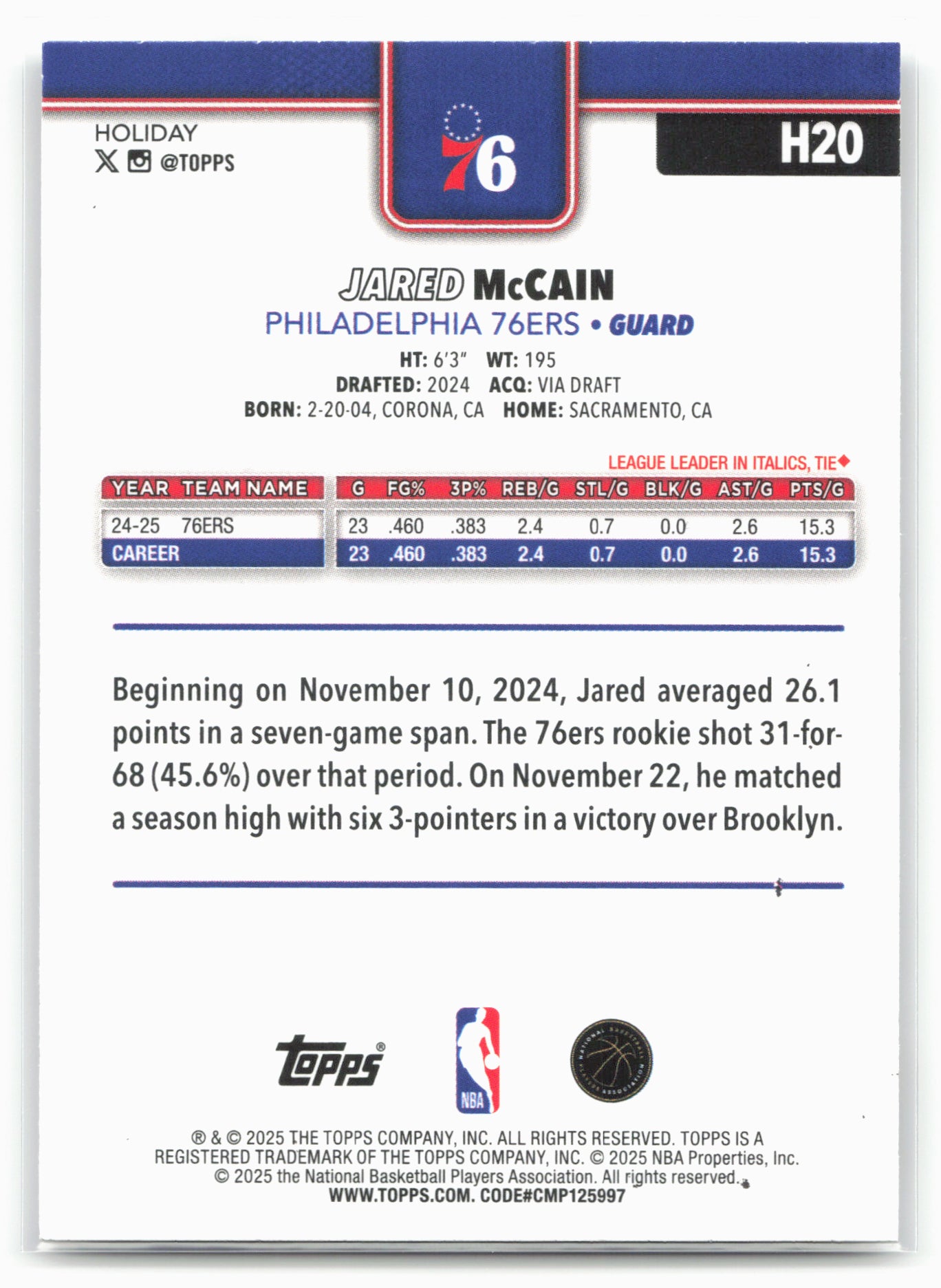 2025-26 Topps Holiday #H20 Jared McCain