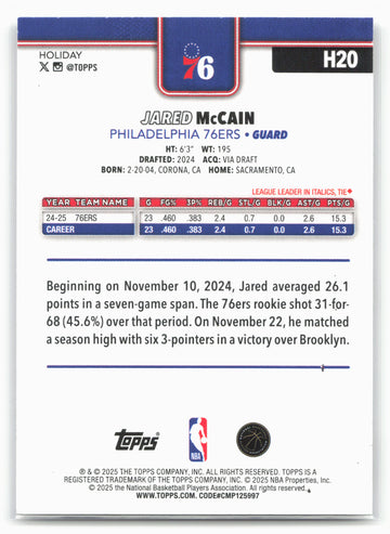 2025-26 Topps Holiday #H20 Jared McCain