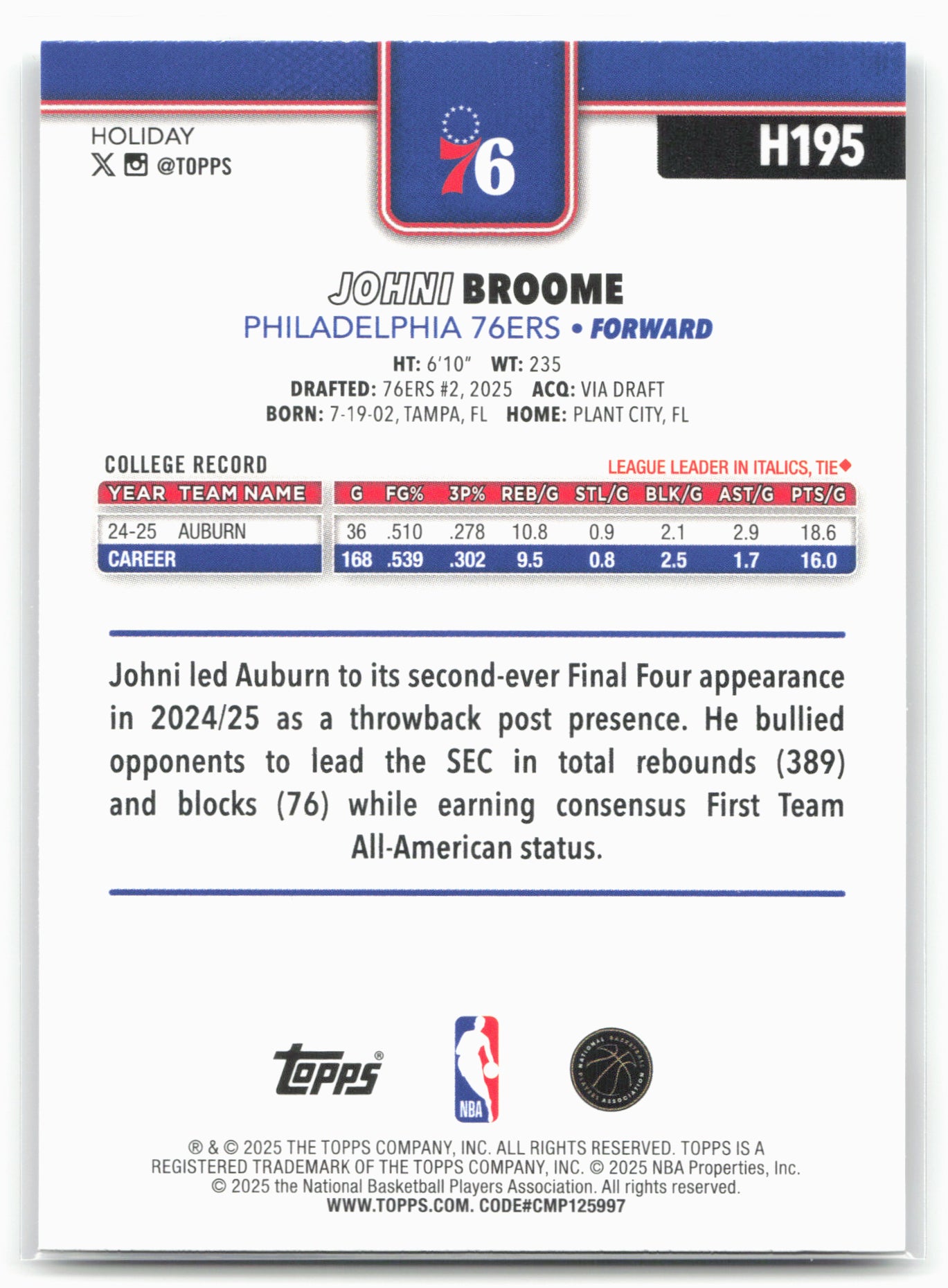 2025-26 Topps Holiday #H195 Johni Broome