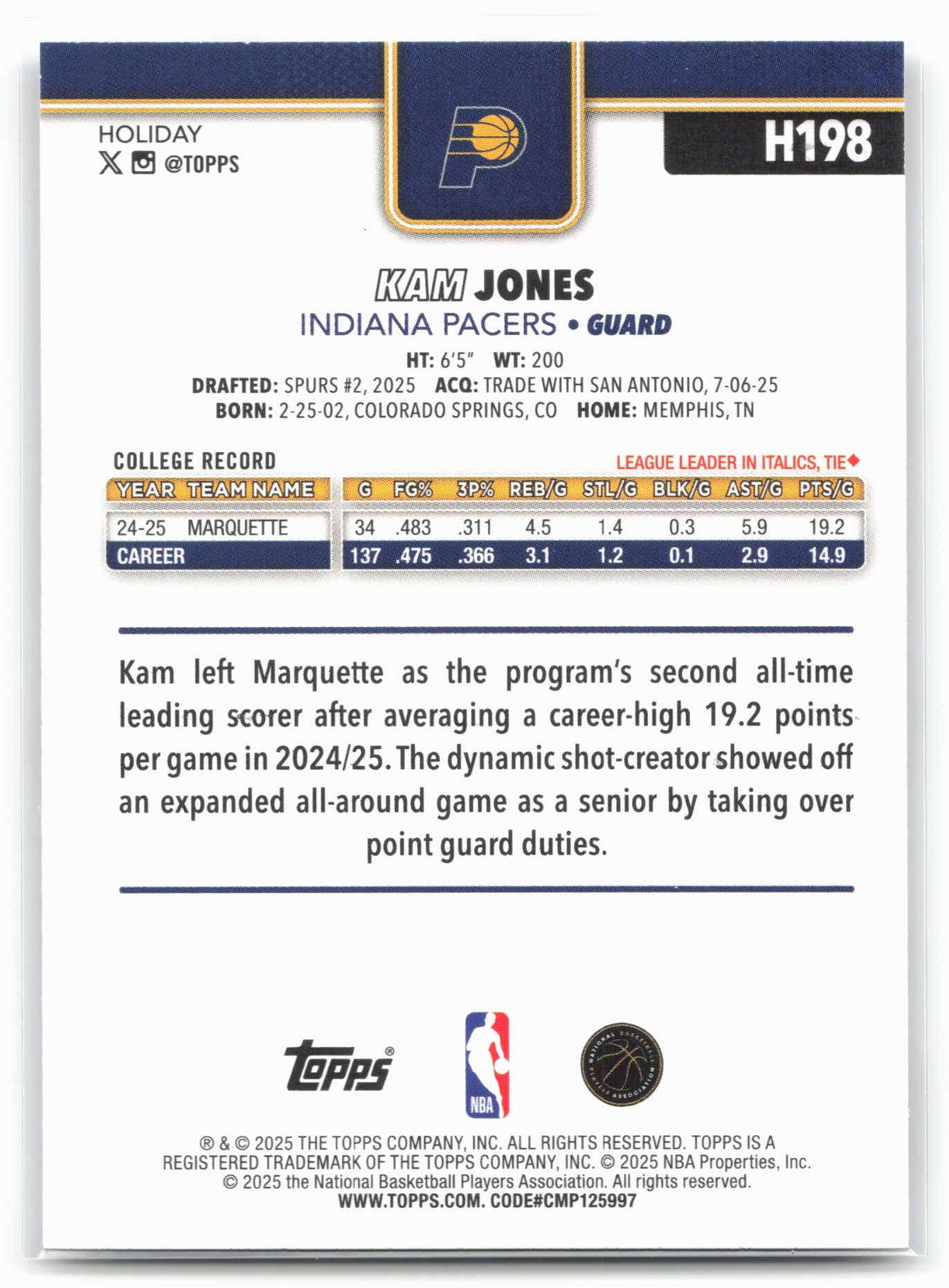 2025-26 Topps Holiday #H198 Kam Jones