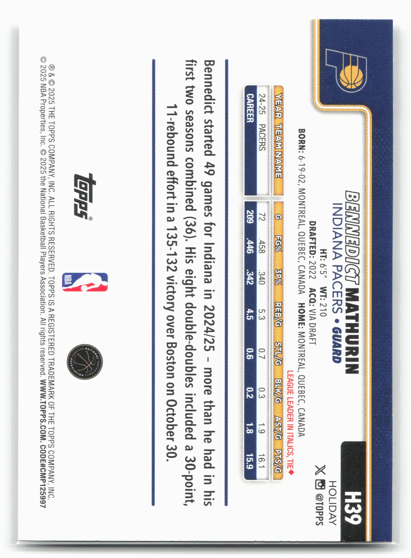 2025-26 Topps Holiday #H39 Bennedict Mathurin