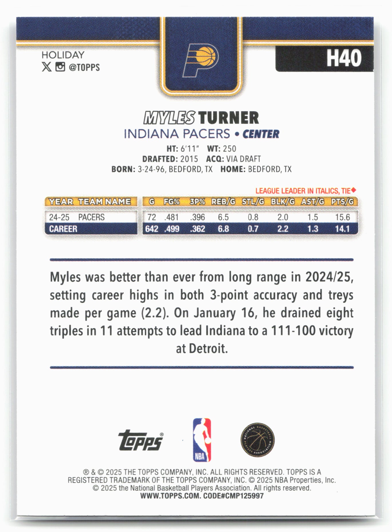 2025-26 Topps Holiday #H40 Myles Turner