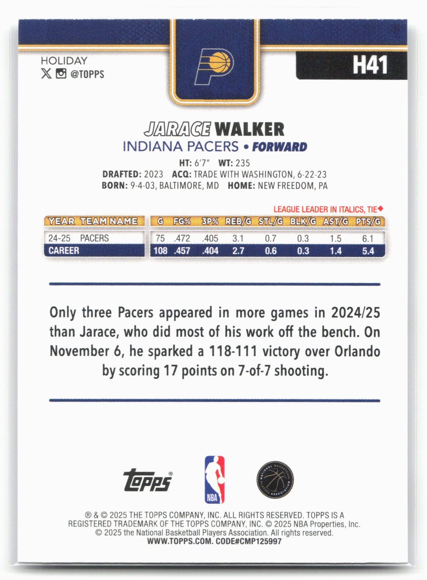 2025-26 Topps Holiday #H41 Jarace Walker