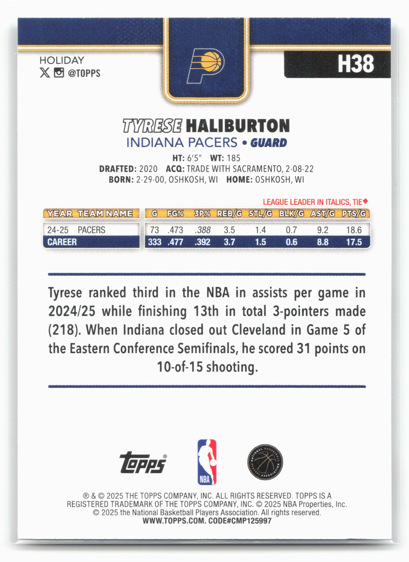 2025-26 Topps Holiday #H38 Tyrese Haliburton