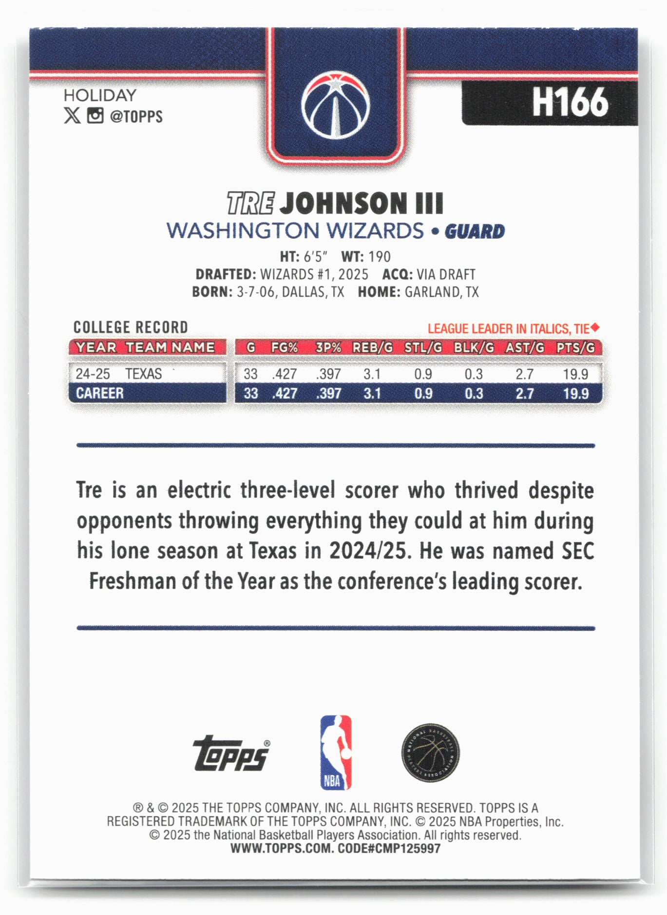 2025-26 Topps Holiday #H166 Tre Johnson III