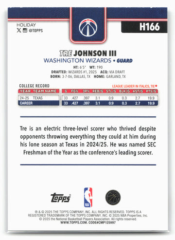 2025-26 Topps Holiday #H166 Tre Johnson III