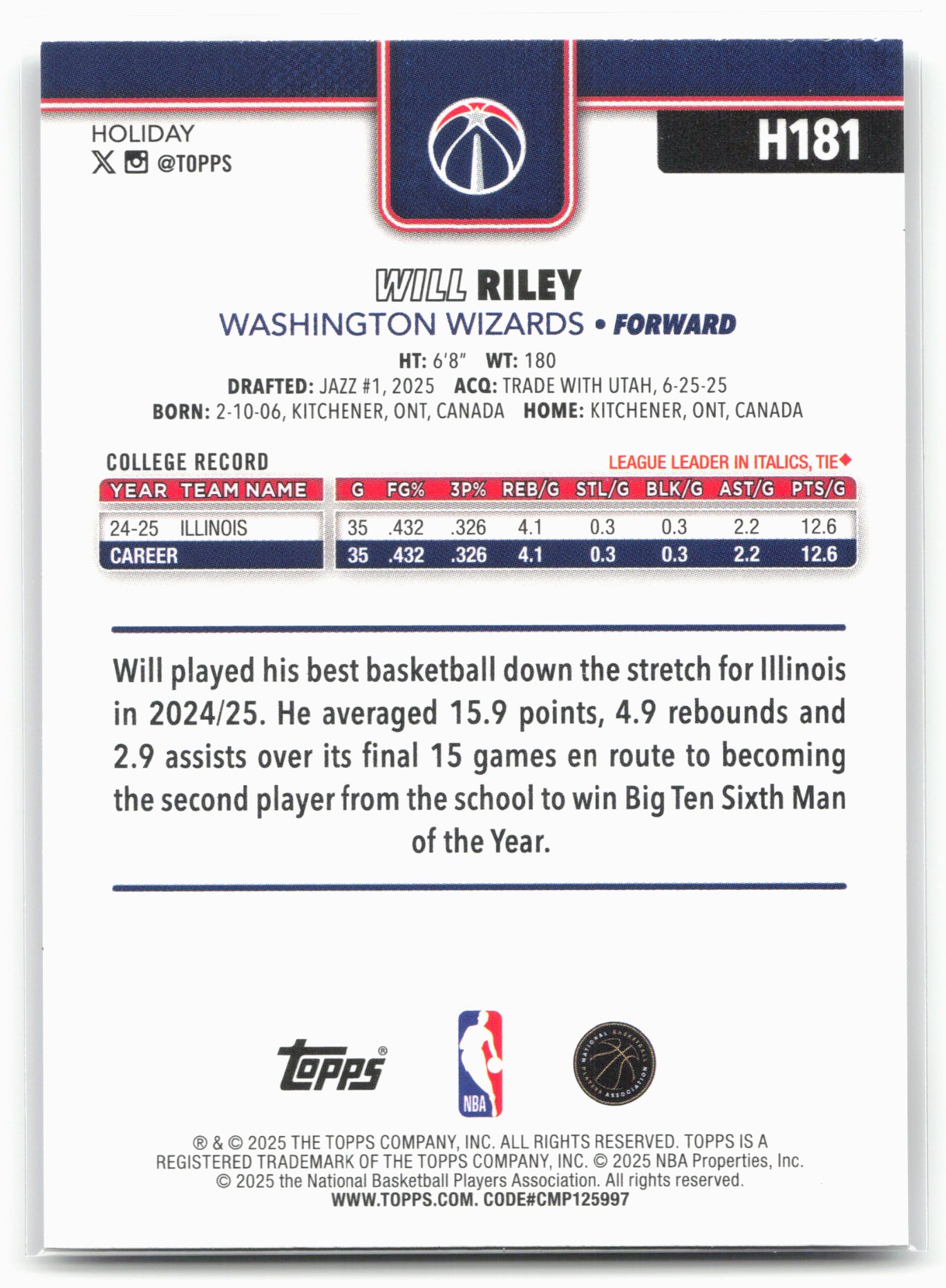 2025-26 Topps Holiday #H181 Will Riley