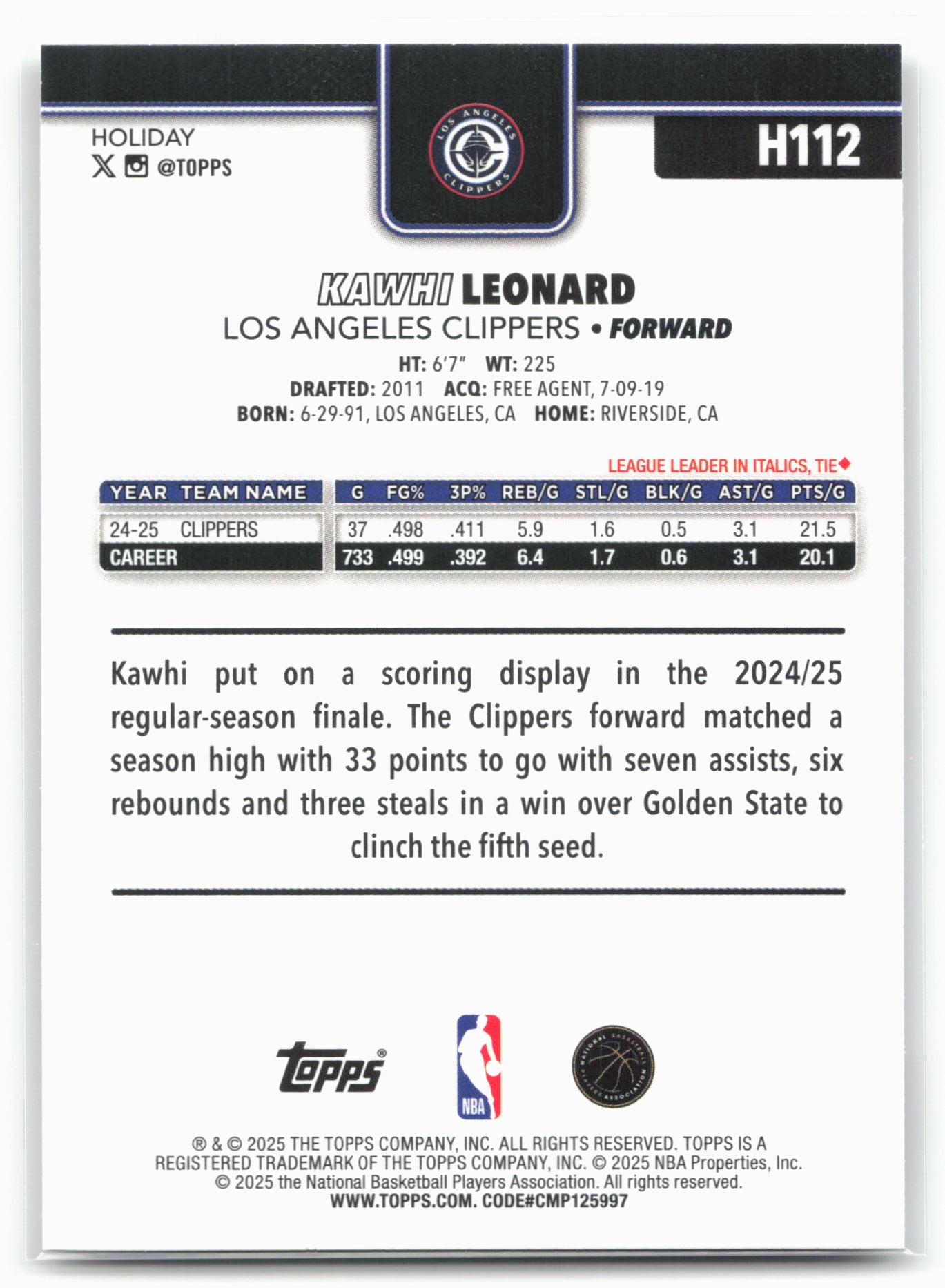 2025-26 Topps Holiday #H112 Kawhi Leonard