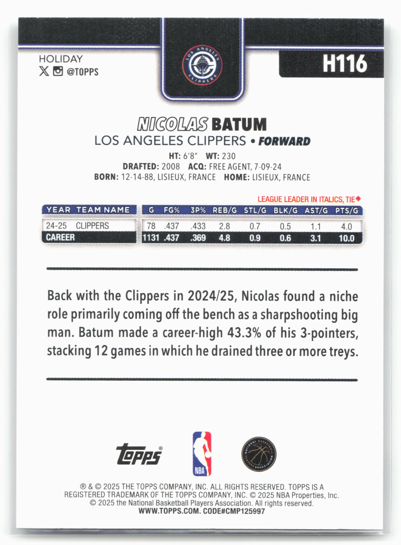 2025-26 Topps Holiday #H116 Nicolas Batum
