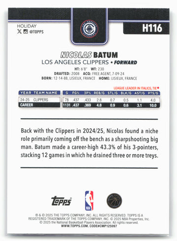 2025-26 Topps Holiday #H116 Nicolas Batum