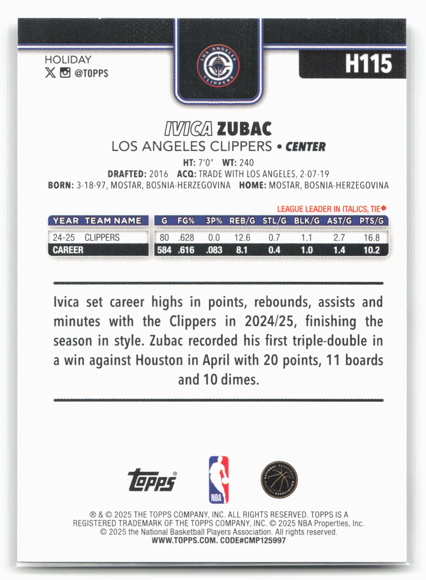 2025-26 Topps Holiday #H115 Ivica Zubac