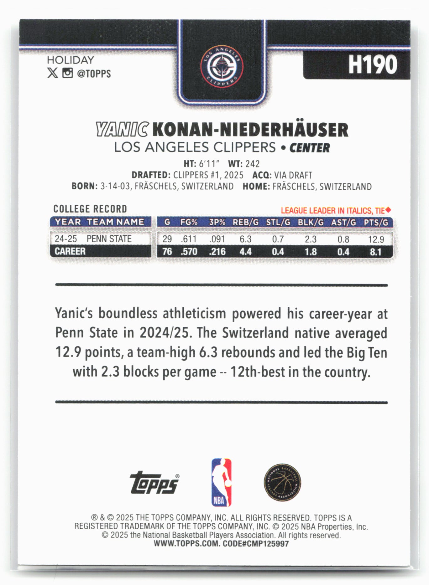 2025-26 Topps Holiday #H190 Yanic Konan Niederhauser