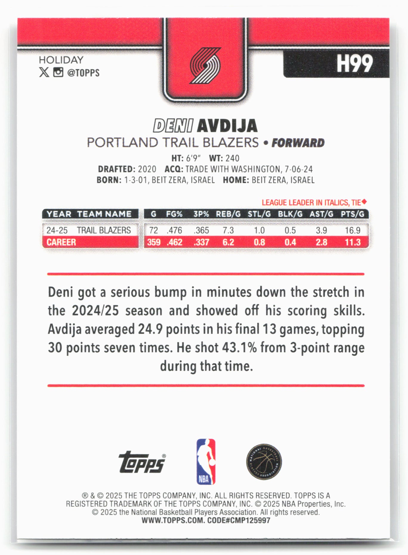 2025-26 Topps Holiday #H99 Deni Avdija