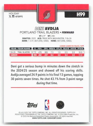 2025-26 Topps Holiday #H99 Deni Avdija