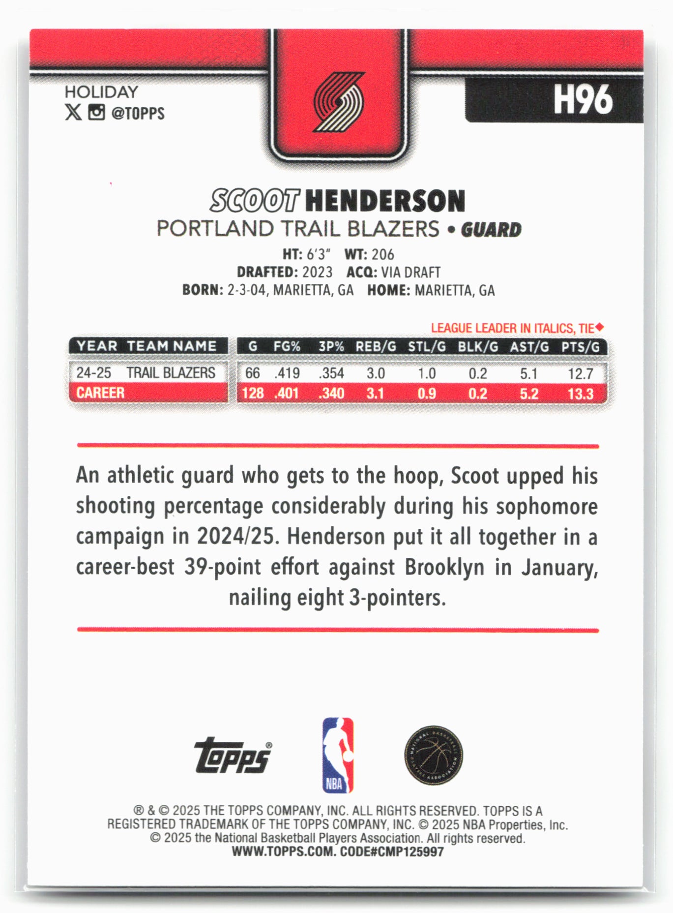 2025-26 Topps Holiday #H96 Scoot Henderson