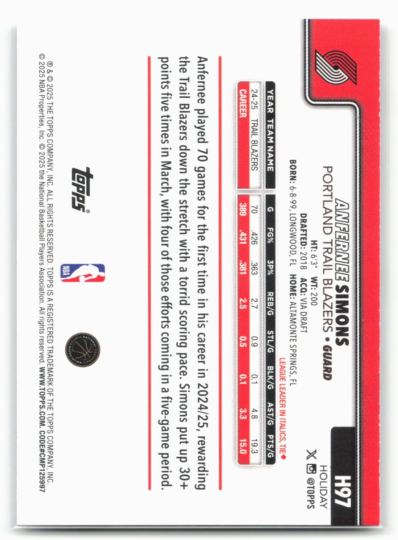 2025-26 Topps Holiday #H97 Anfernee Simons