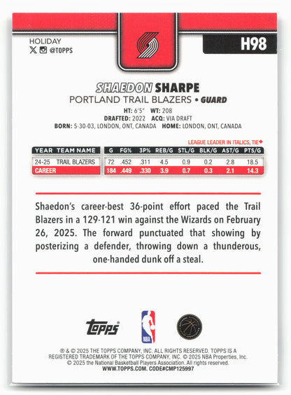 2025-26 Topps Holiday #H98 Shaedon Sharpe