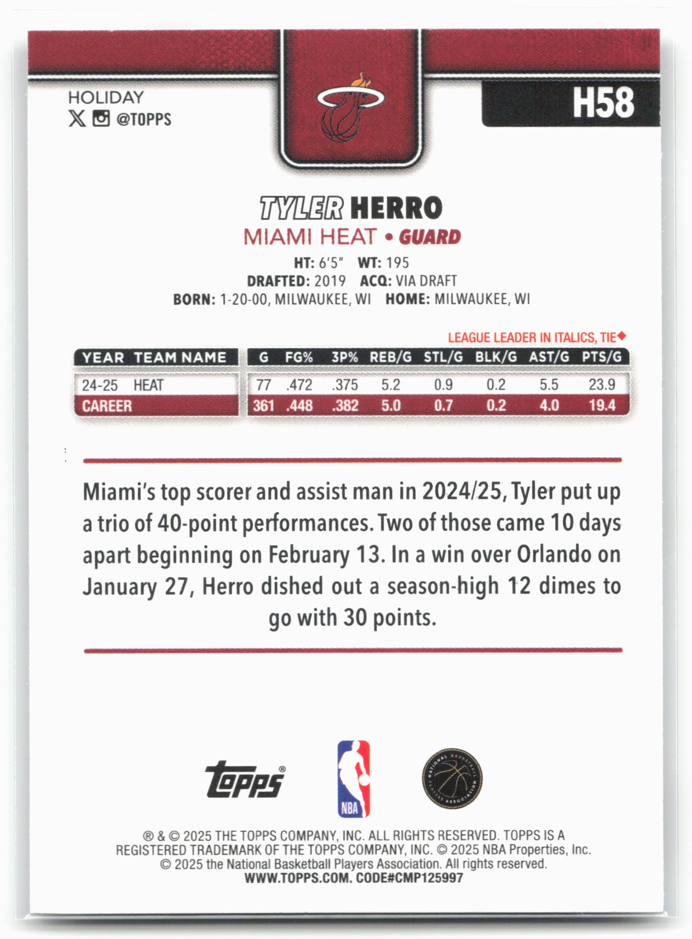 2025-26 Topps Holiday #H58 Tyler Herro