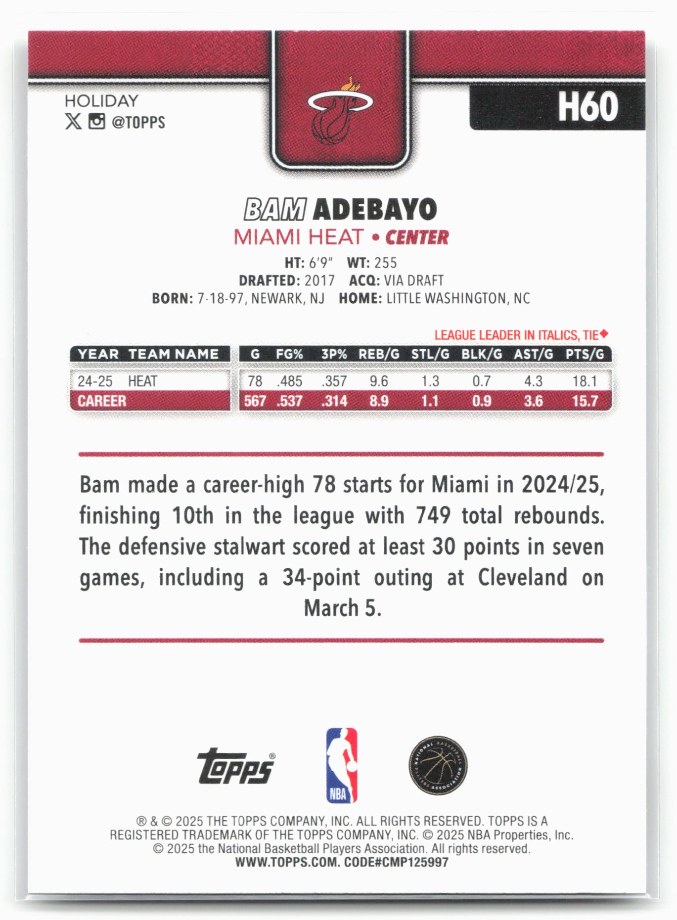 2025-26 Topps Holiday #H60 Bam Adebayo