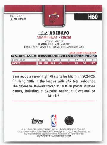 2025-26 Topps Holiday #H60 Bam Adebayo
