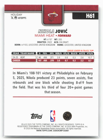 2025-26 Topps Holiday #H61 Nikola Jović