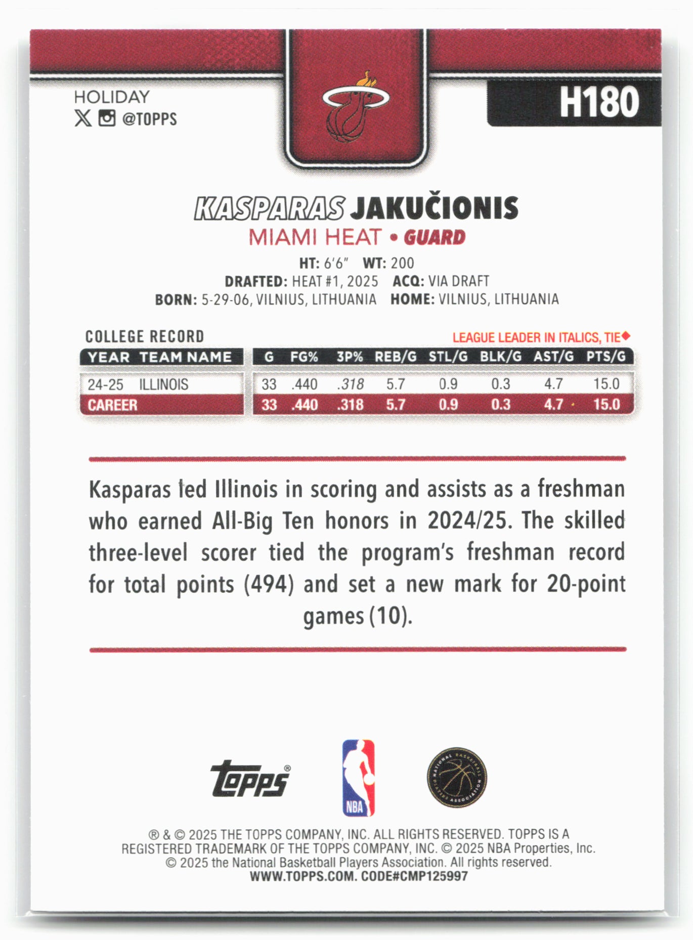 2025-26 Topps Holiday #H180 Kasparas Jakučionis